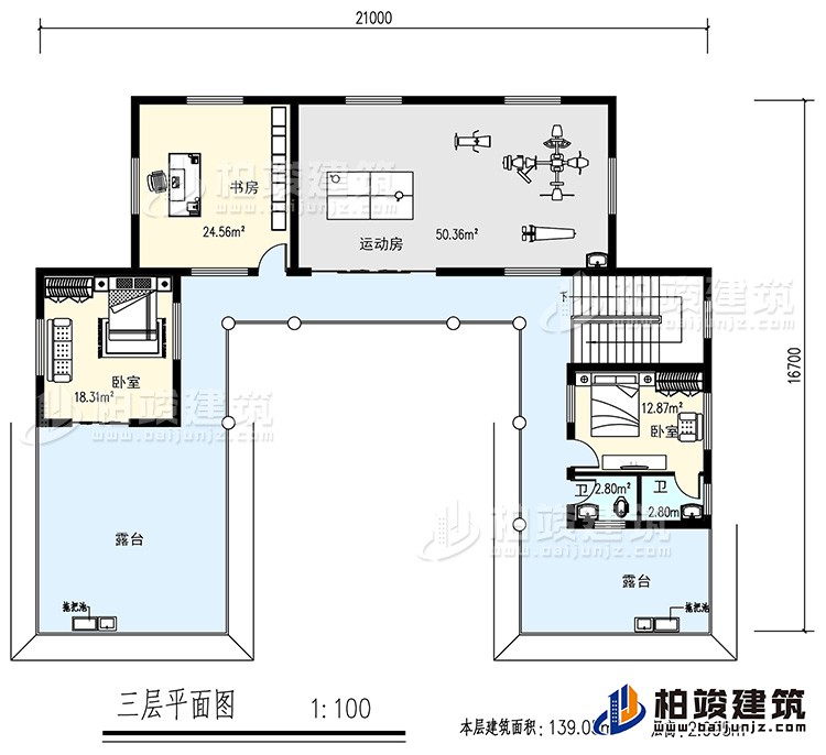 三層：書房，運動房，2臥室，2衛生間，露台