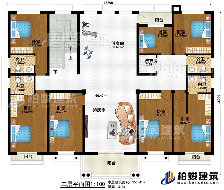 二層：7臥室、起居室、健身房、3內衛、公衛、洗衣房、4陽台