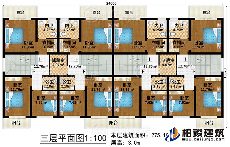 三層：12臥室、4公衛、4內衛、2儲藏室、4衣帽間、3陽台、4露台