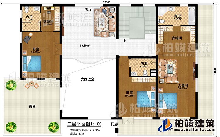 二層：客廳，大套間帶內衛和衣帽間，單間帶內衛，中套間帶內衛和衣帽間，2露台，樓梯
