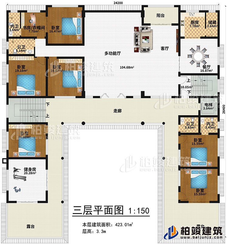 三層：健身房、6臥室、書房/衣帽間、2內衛、2公衛、多功能廳、客廳、陽台、餐廳、廚房、儲藏、電梯、2露台