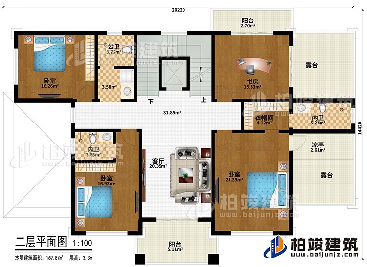 二層：3臥室、衣帽間、2內衛、公衛、客廳、書房、衣帽間、2陽台、2露台、涼亭