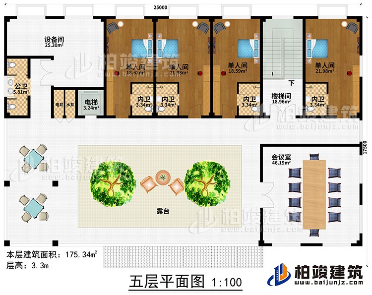 五層：樓梯間、過道、電梯、水井、電井、4單人間、4內衛、公衛、露台、會議