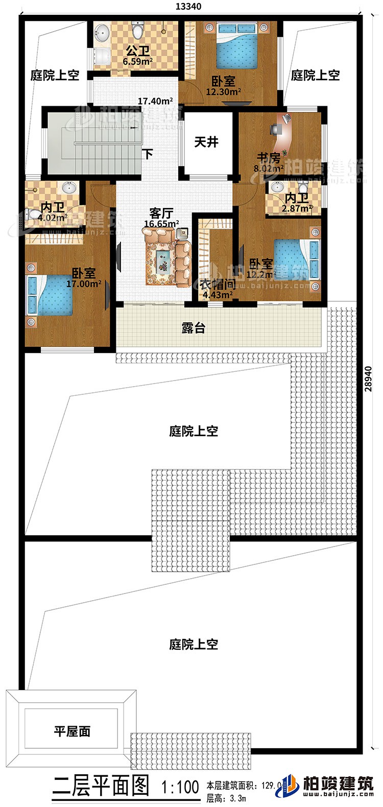二層：平屋麵、4庭院上空、3臥室、客廳、天井、衣帽間、書房、公衛、2內衛