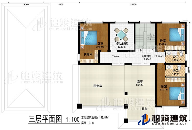 三層：樓梯間、3臥室、多功能房、衣帽間、公衛、內衛、涼亭、陽光房、露台