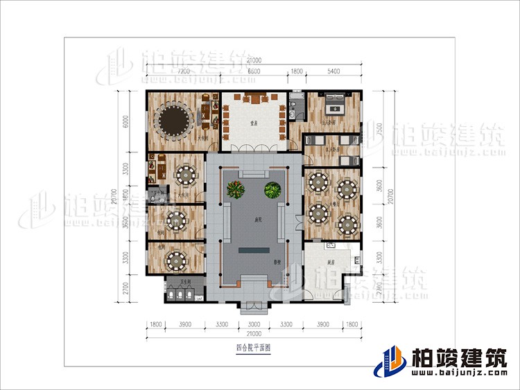 一層：大餐廳、2包間、2大餐廳、2內衛、堂屋、臥室、工人臥室、公衛、庭院、影壁牆