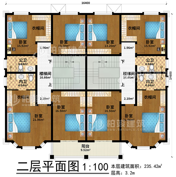 二層：2樓梯間、8臥室、4衣帽間、2公衛、2內衛、陽台