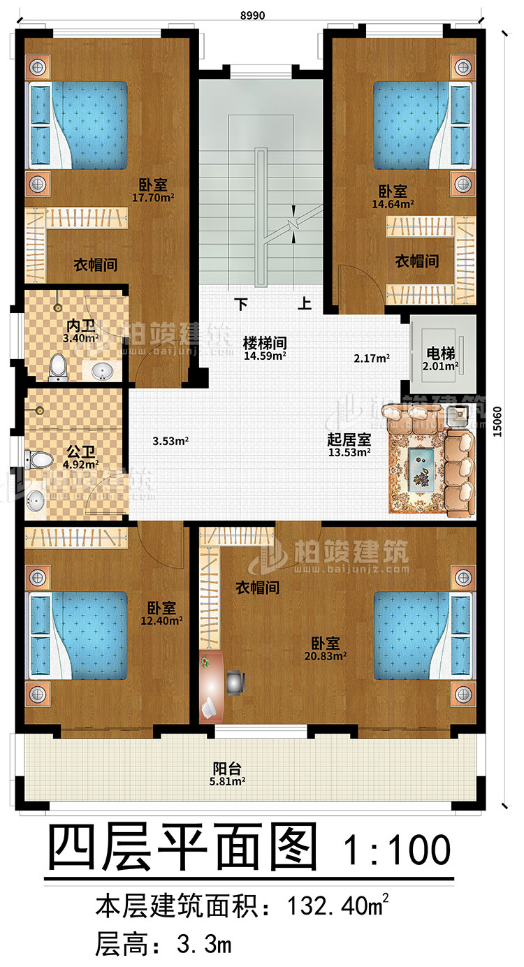 四層：起居室、樓梯間、4臥室、3衣帽間、公衛、內衛、電梯、陽台