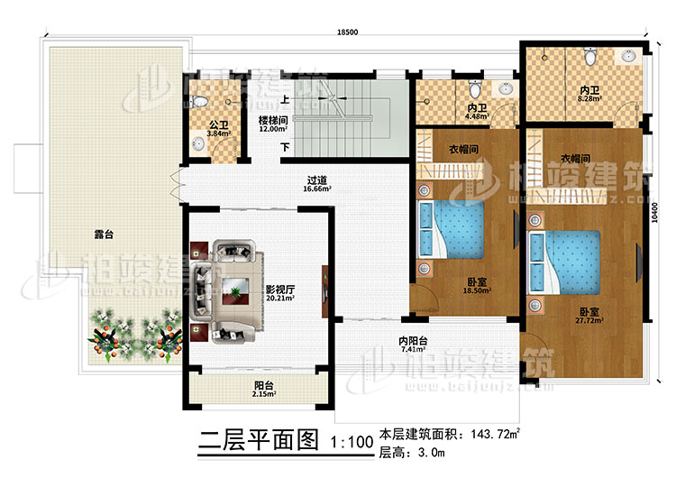 二層：樓梯間、過道、內陽台、影視廳、2臥室、2衣帽間、陽台、露台、公衛、2內衛