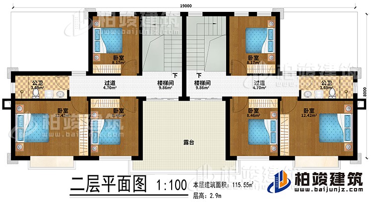 二層：2樓梯間、6臥室、2公衛、2過道、露台